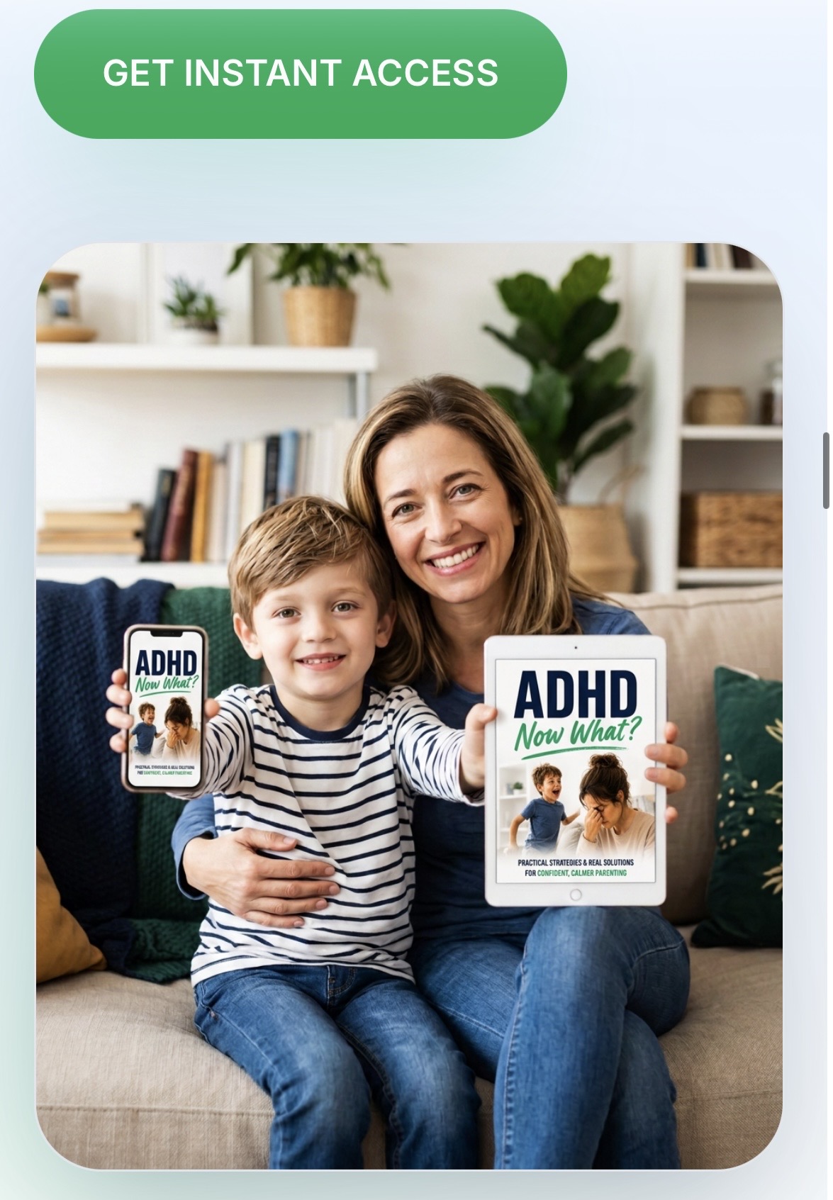 Mom and son holding phone and tablet showing the ADHD toolkit