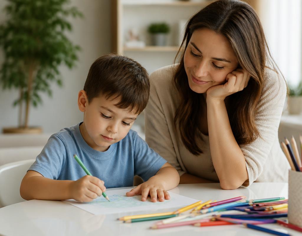 Calm mother watching her child do homework peacefully
